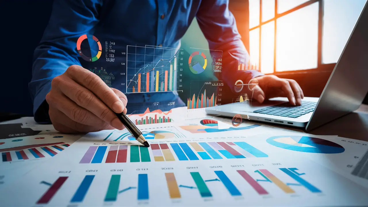 Gráfico detalhado com métricas de negócios e análise de concorrência em uma mesa