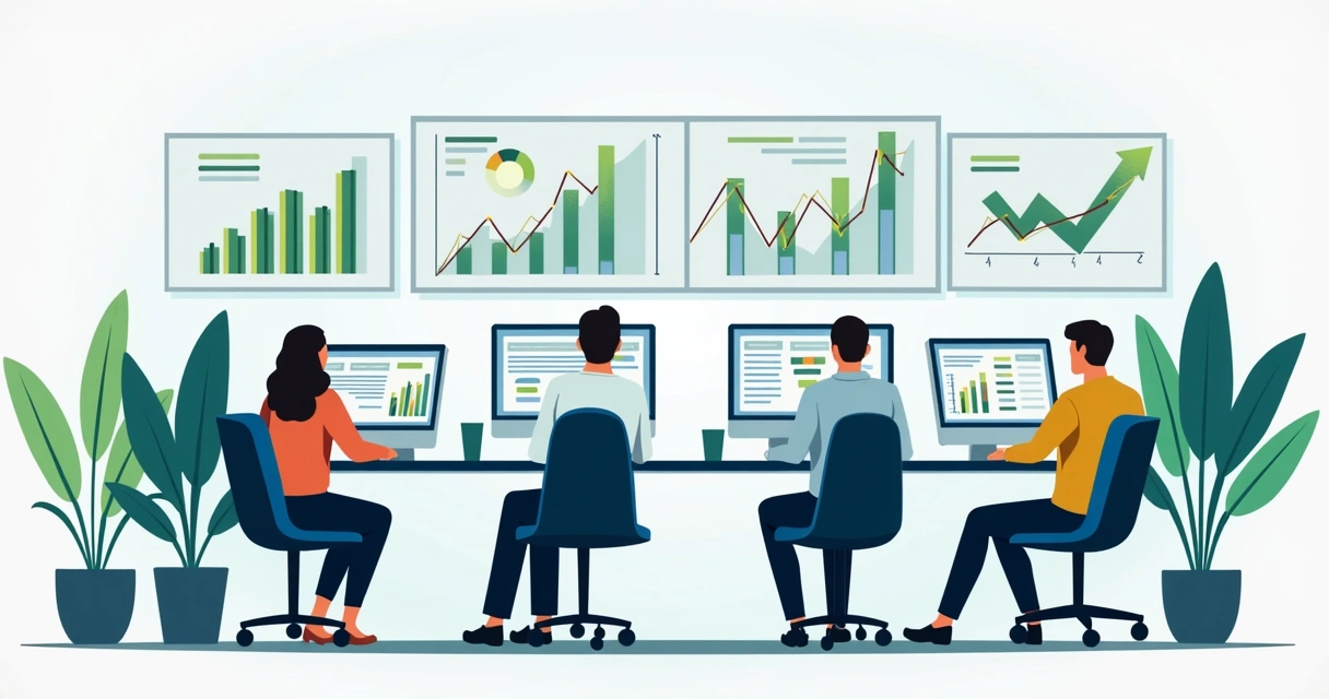 Gestores analisando KPIs de ótica em computadores