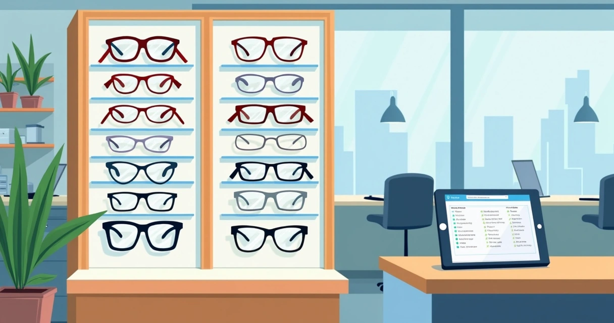 Expositor com diversas armações de óculos em loja de ótica