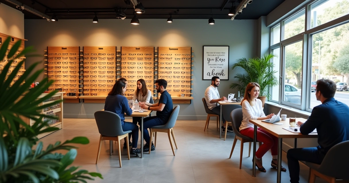 Clientes interagindo em uma ótica moderna e acolhedora, com vendedores amistosos e decoração suave.