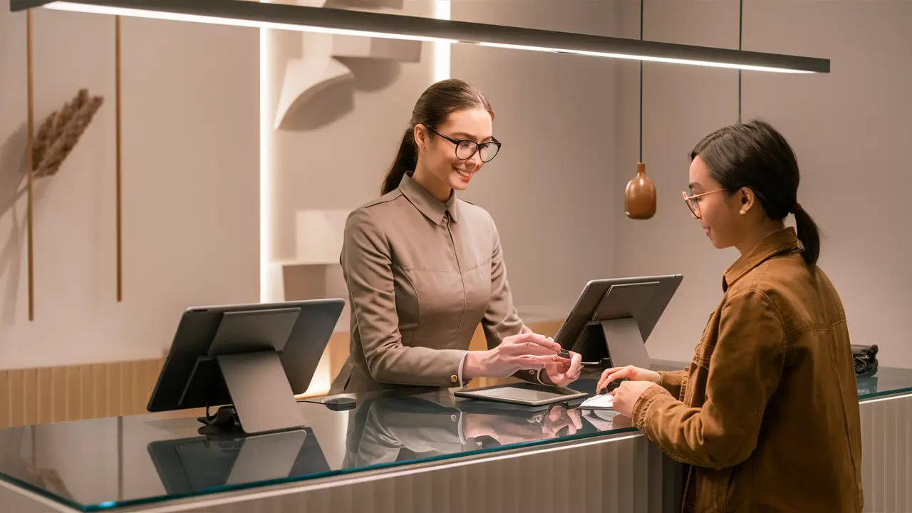 Atendente ajudando cliente com óculos em balcão moderno com tablets e decoração minimalista.