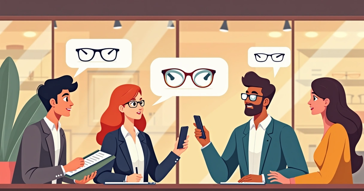 Equipe de ótica conversa com clientes em notebook e celular 