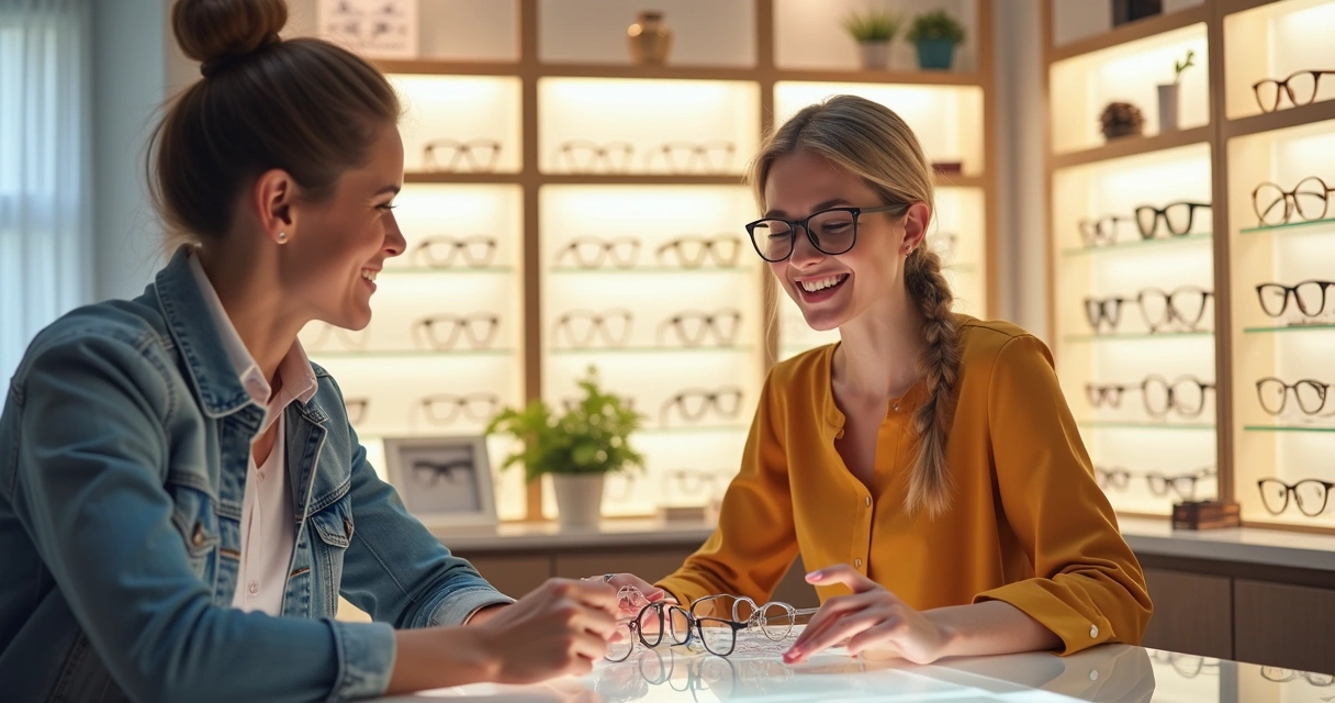 Equipe de ótica atendendo cliente com atenção e simpatia