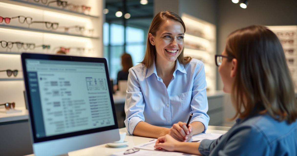 Vendedora atendendo cliente em ótica com tecnologia