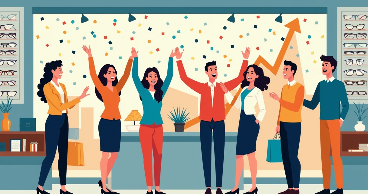 Equipe de ótica comemorando crescimento em mercado concorrido