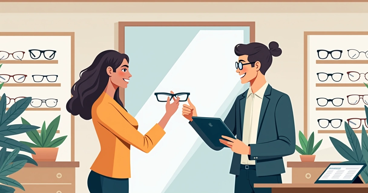 Cliente experimentando óculos em loja de ótica