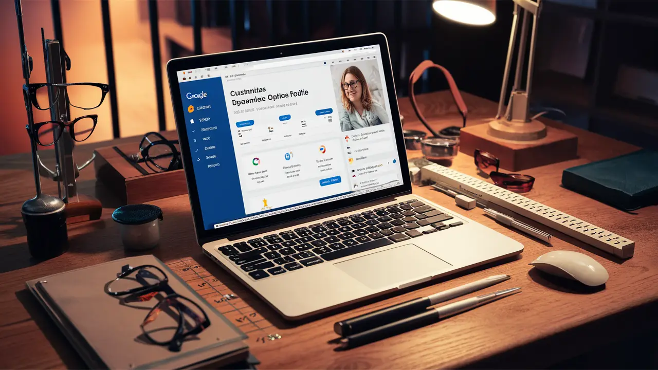 Laptop exibindo painel do Google Meu Negócio para configurar perfil de ótica com óculos e ferramentas ópticas ao redor