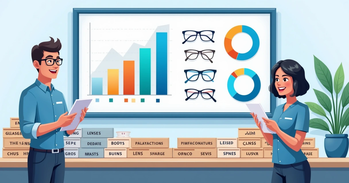 Telão com gráficos e estoque de ótica digital