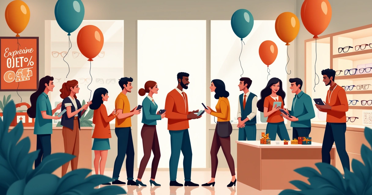 Clientes participando de evento promocional em ótica com balões e brindes