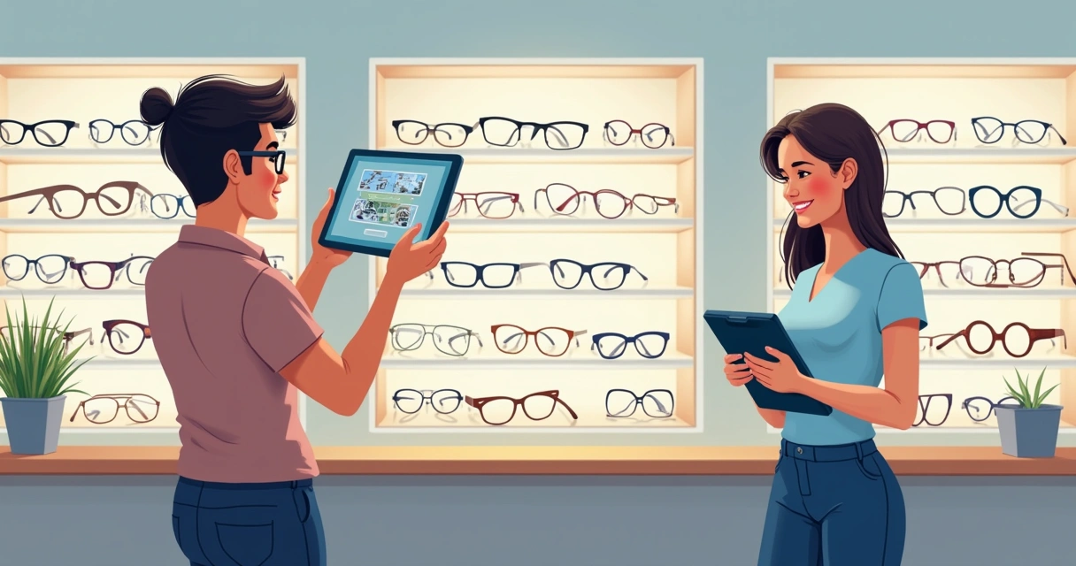 Cliente testando óculos com tablet em ótica