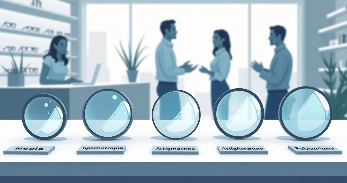 Exposição de diferentes tipos de lentes para óculos em uma ótica