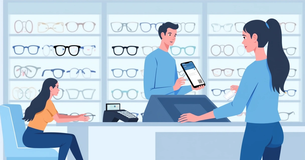 Clientes escolhendo formas de pagamento digitais em ótica moderna