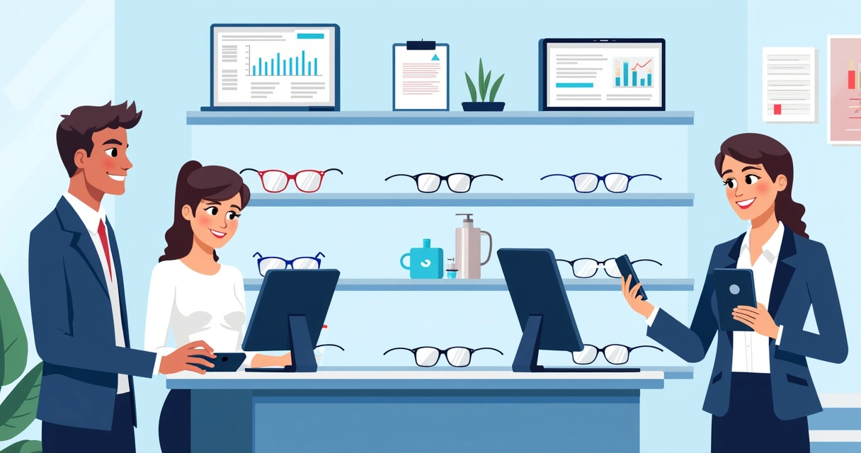 Equipe de ótica usando sistemas digitais para gerenciar pedidos e estoque