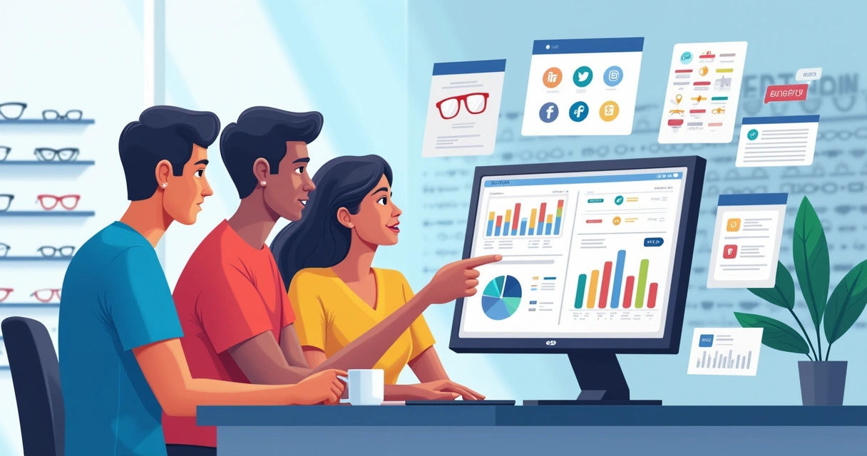 Equipe de ótica discutindo software de gestão com gráficos e materiais de marketing digital.