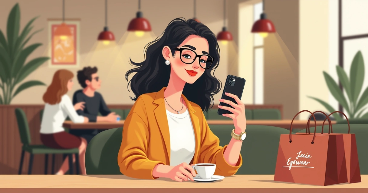 Influenciadora digital usando óculos de uma ótica