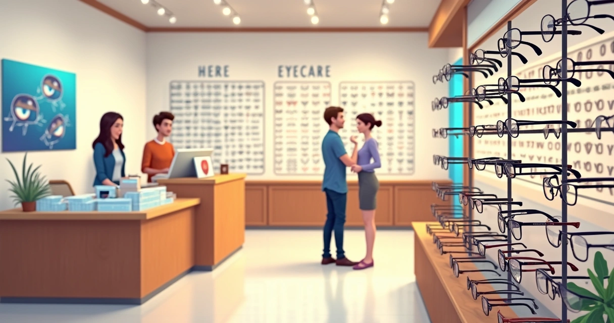Interior of a modern optical shop with glasses displays, reception desk, and shelves of optical products.
