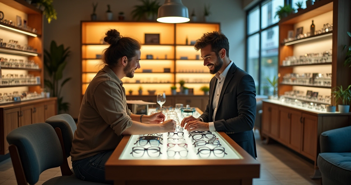 Interior acolhedor de uma ótica, vendedor personalizando atendimento a cliente, produtos e lentes apresentados.