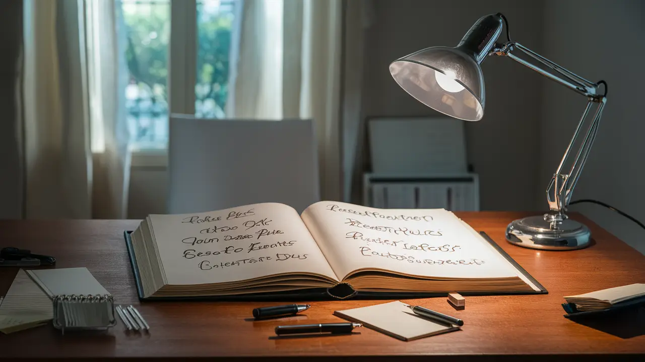 Livro aberto em mesa de madeira com regras escritas à mão iluminadas por abajur.