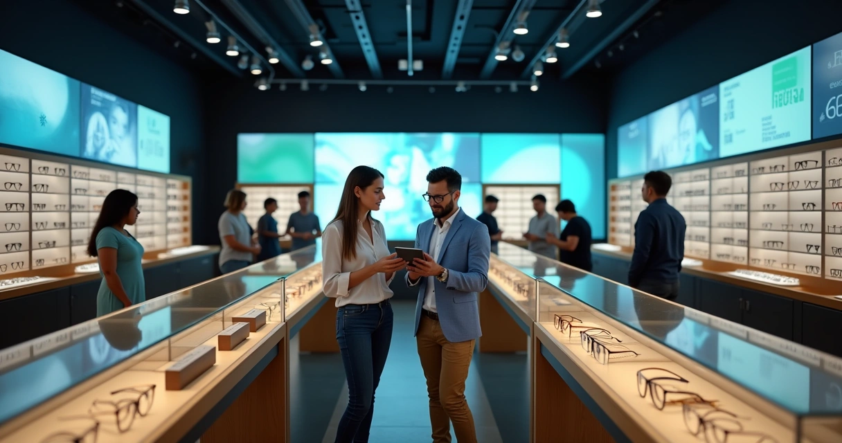 Loja de ótica moderna com atendente usando tablet, prateleiras de óculos e clientes interagindo com displays digitais.