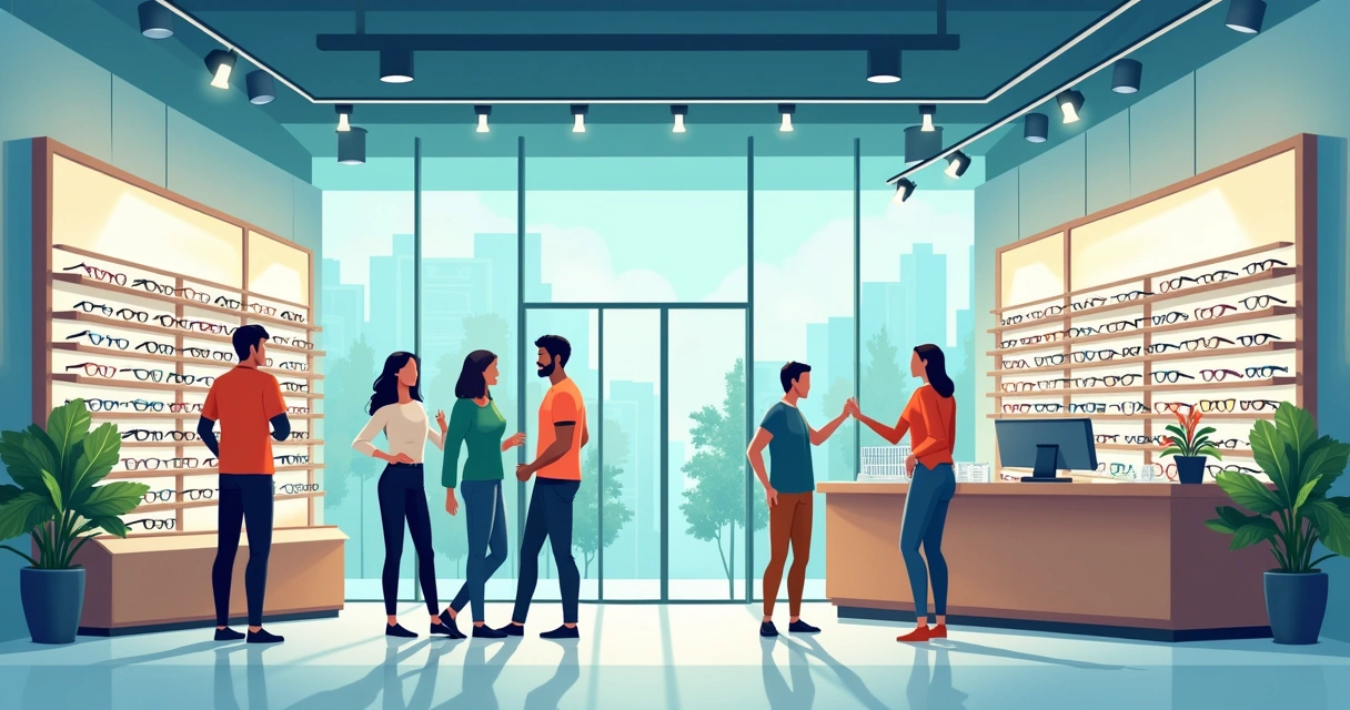 Loja de ótica moderna com clientes felizes, atendente, óculos diversos e ambiente acolhedor.