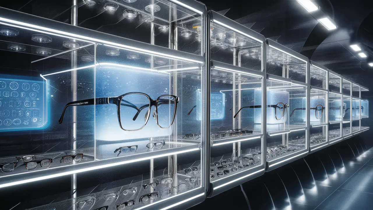 Loja óptica futurista com displays transparentes e prateleiras metálicas exibindo óculos inteligentes e lentes avançadas.