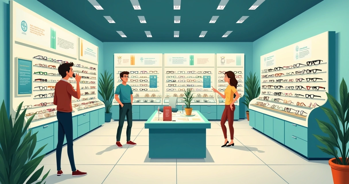 Loja de ótica moderna cheia de óculos, cliente experimentando, gráficos sutis ao fundo.