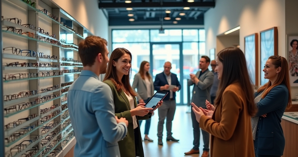 Interior of a modern optical shop, showcasing organized sales process with friendly staff and various eyeglasses.