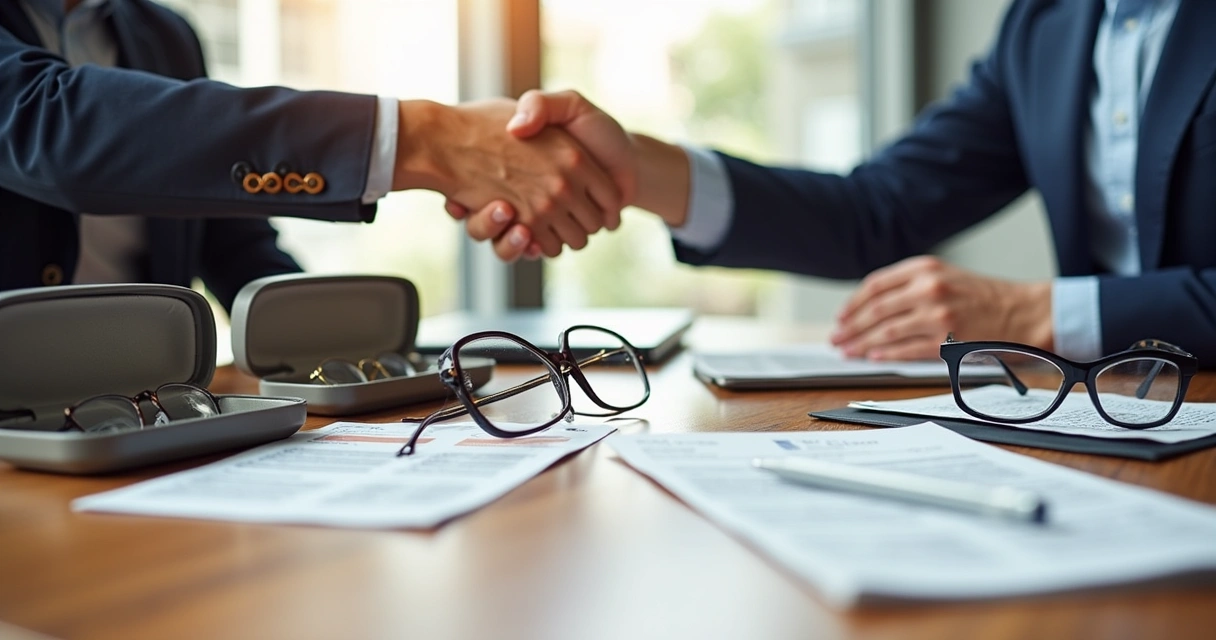 Duas pessoas negociando armações de óculos numa mesa