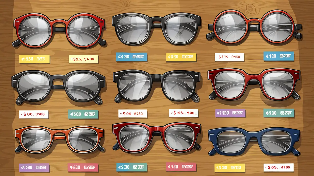 Óculos de diferentes formas e tamanhos com etiquetas de preço e rótulos coloridos sobre uma mesa de madeira.