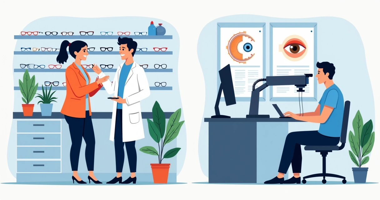 Optometrista orientando cliente, oftalmologista realizando exame