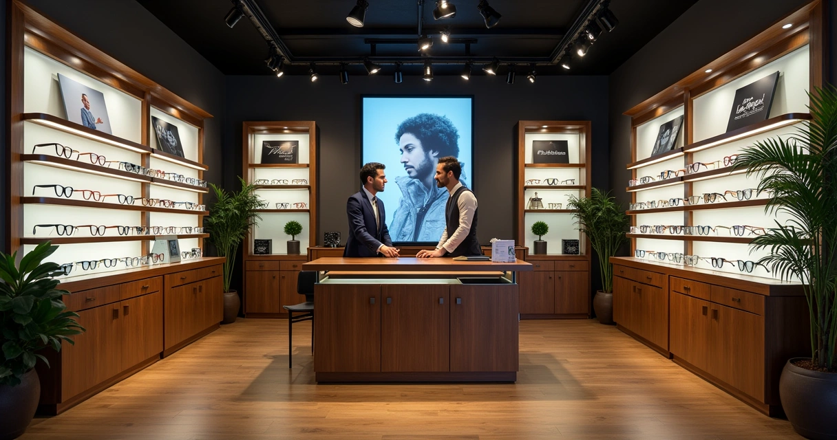 Ótica moderna em bairro nobre com atendente ajudando cliente em boutique luxuosa.