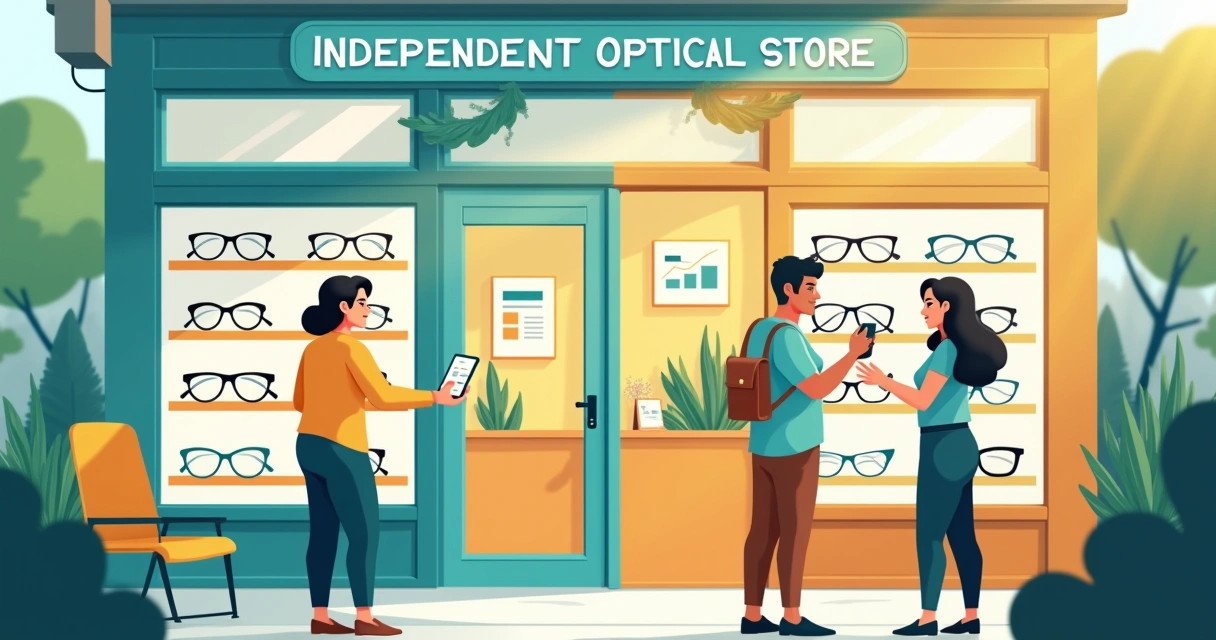 Ilustração de uma ótica independente moderna com um optometrista ajudando um cliente, elementos de marketing digital no fundo.