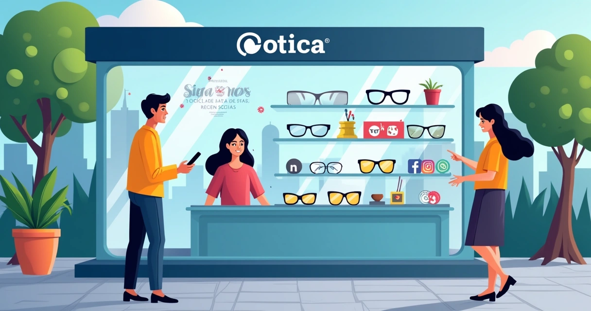 Ótica moderna com vitrine iluminada, interagindo com cliente e ícones de redes sociais ao fundo.