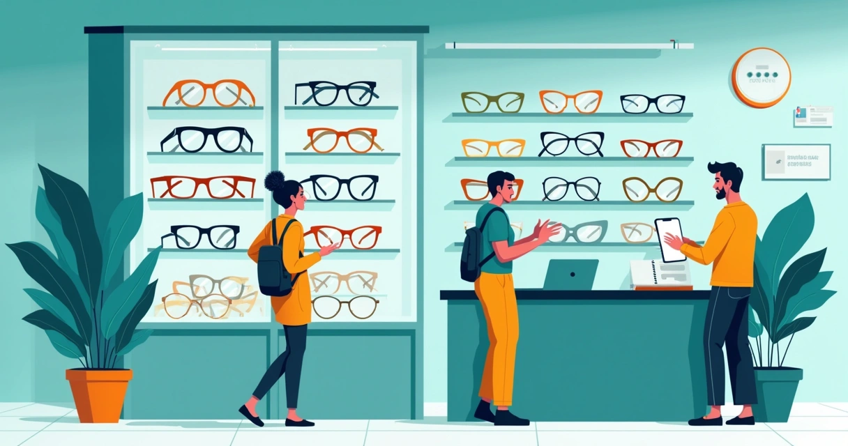 Ótica moderna com óculos coloridos à venda, clientes interagindo e anúncios digitais.