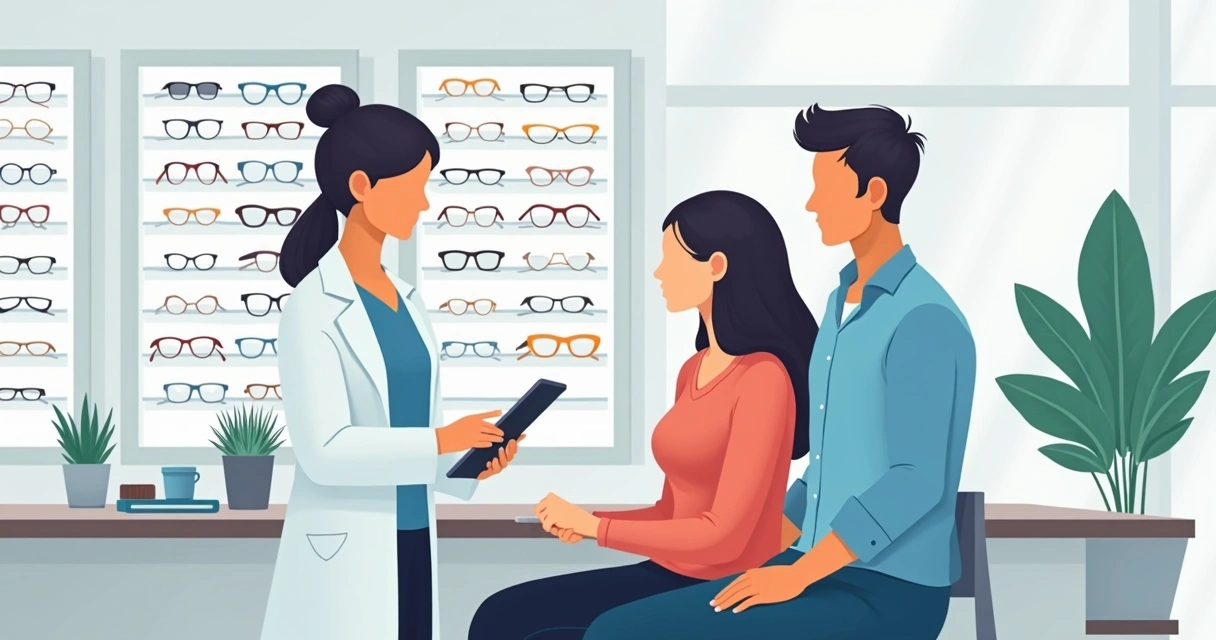 Profissional de ótica atendendo cliente e conferindo medições