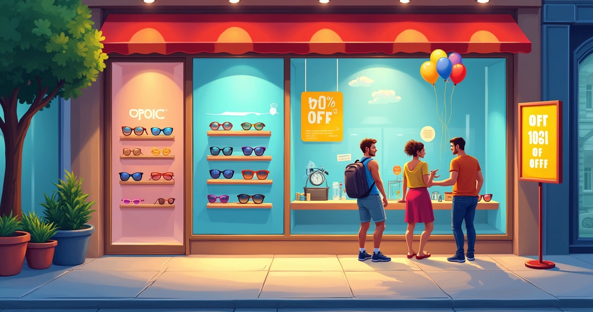 Campanha promocional em ótica com destaque para óculos modernos em vitrine