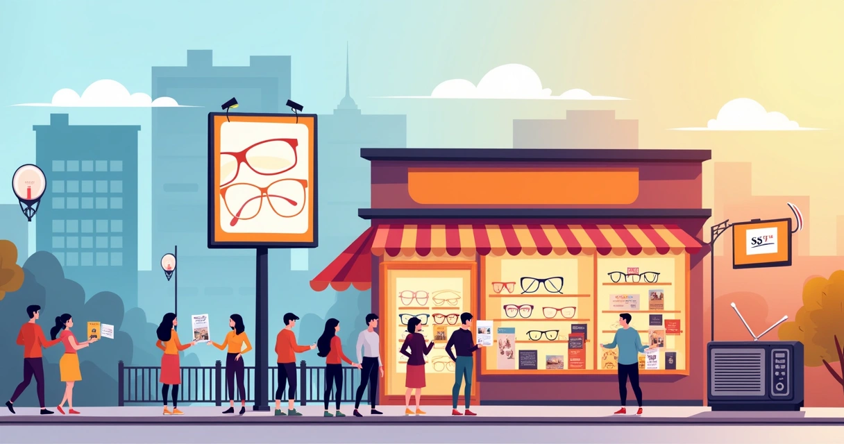 Ilustração de métodos de publicidade para óticas: outdoor, panfletagem, vitrine iluminada e ícones de rádio e TV.