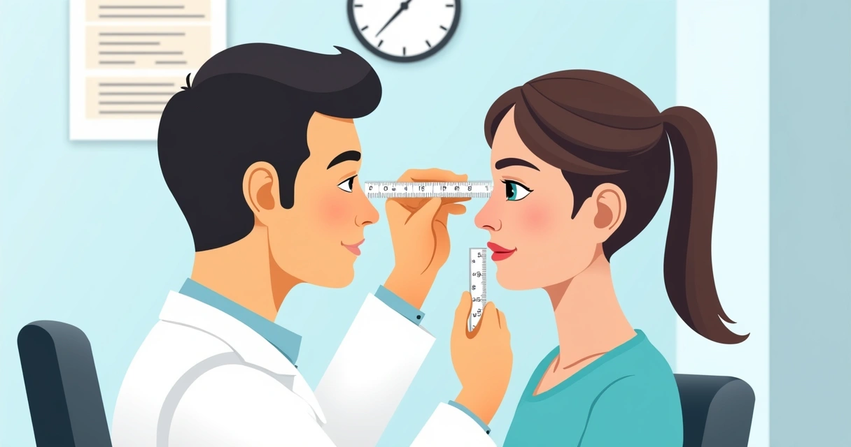 Régua milimetrada alinhada ao nariz de uma pessoa, ilustrando a medição da distância naso-pupilar