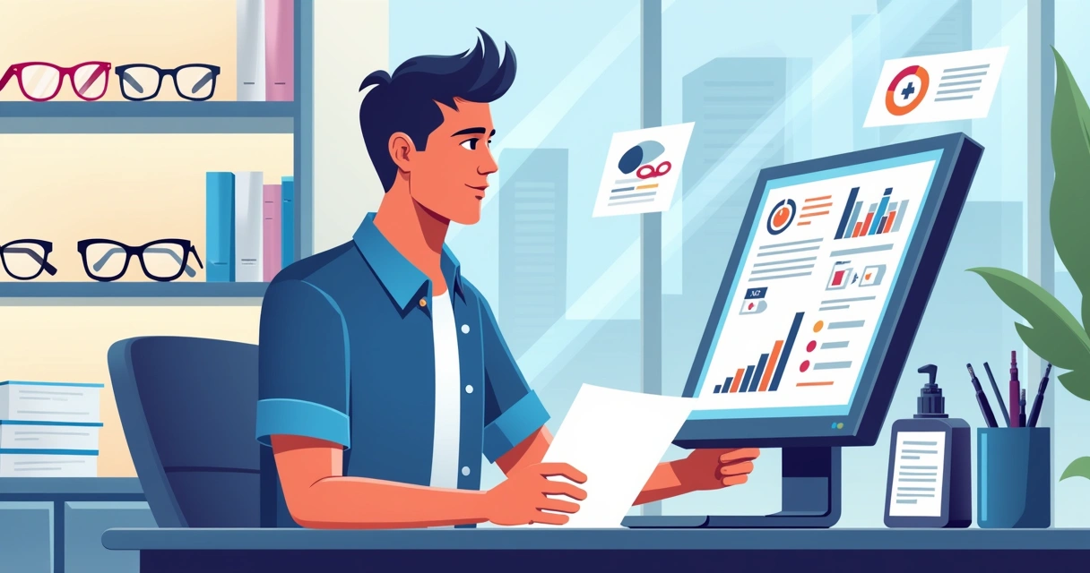 Gestor analisando dados de gestão em ótica