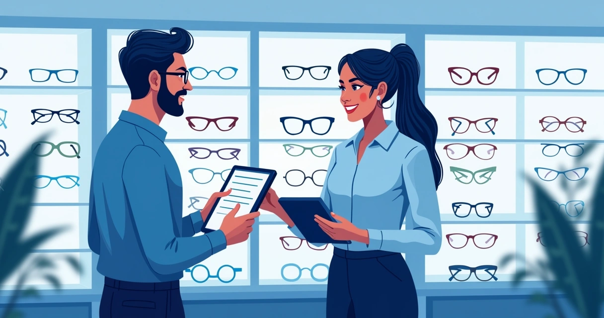 Atendente usando sistema digital para consultar dados de cliente em ótica