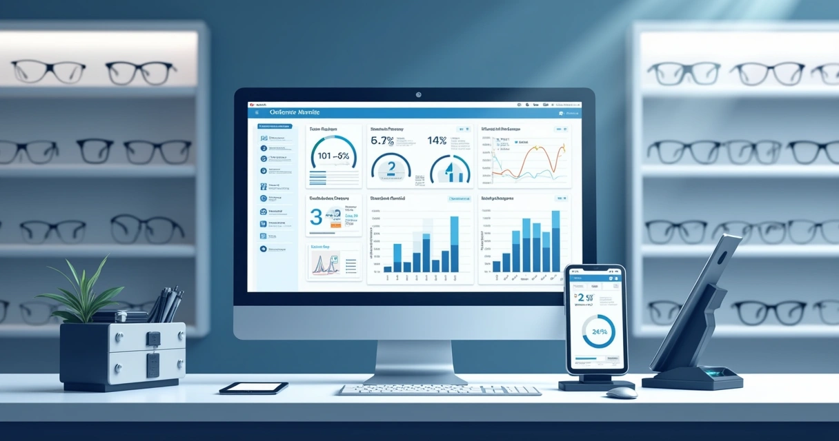 Gestão digital em ótica, tela de computador mostra software de controle e gráficos