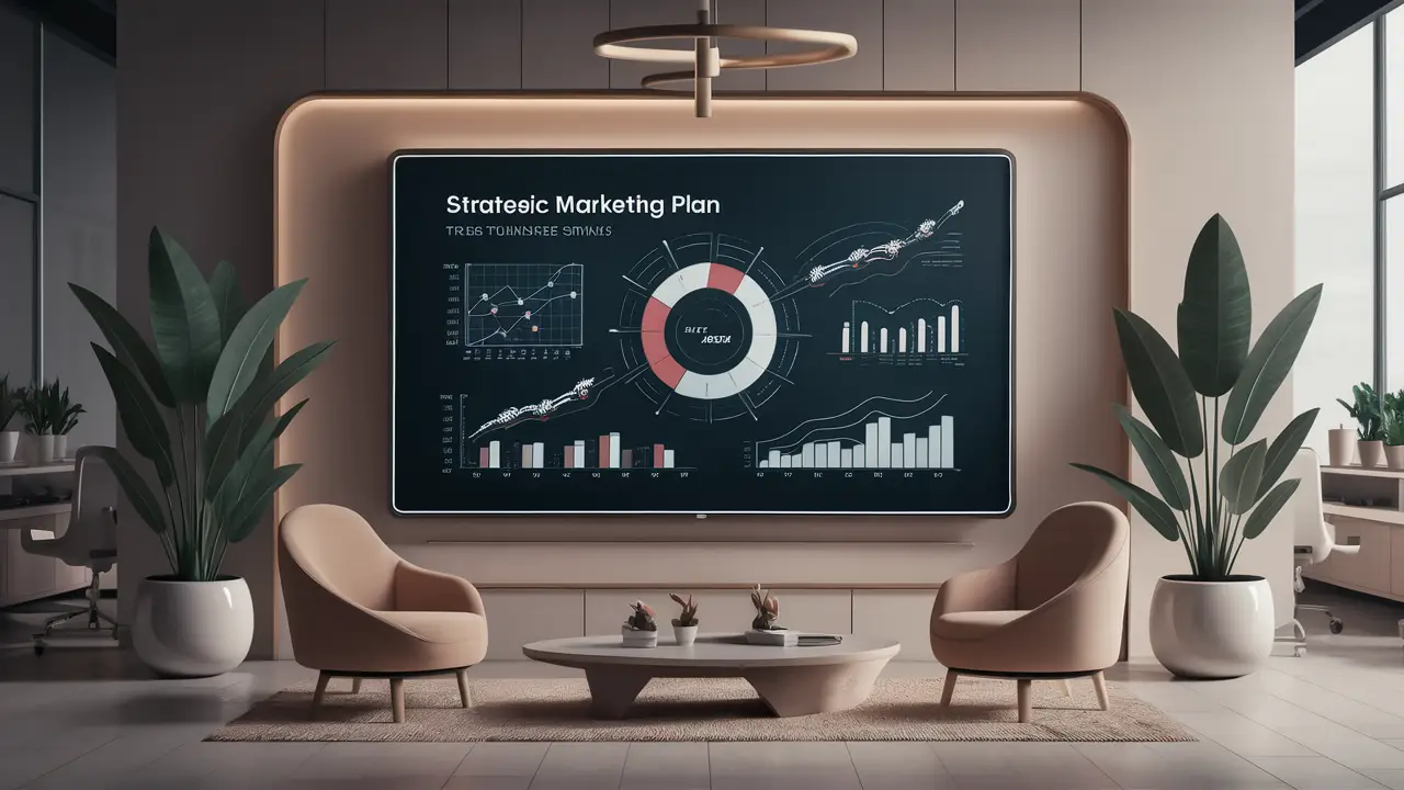 Tela digital exibindo plano estratégico com gráficos em escritório moderno com plantas e móveis minimalistas.