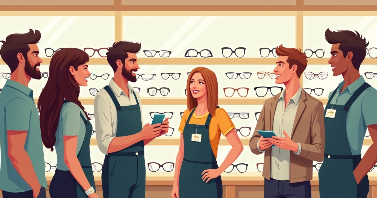 Equipe de ótica em treinamento prático na loja