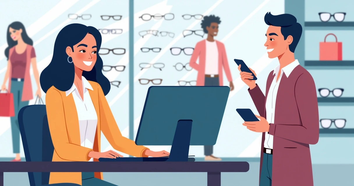 Vendedor de ótica finalizando venda no sistema