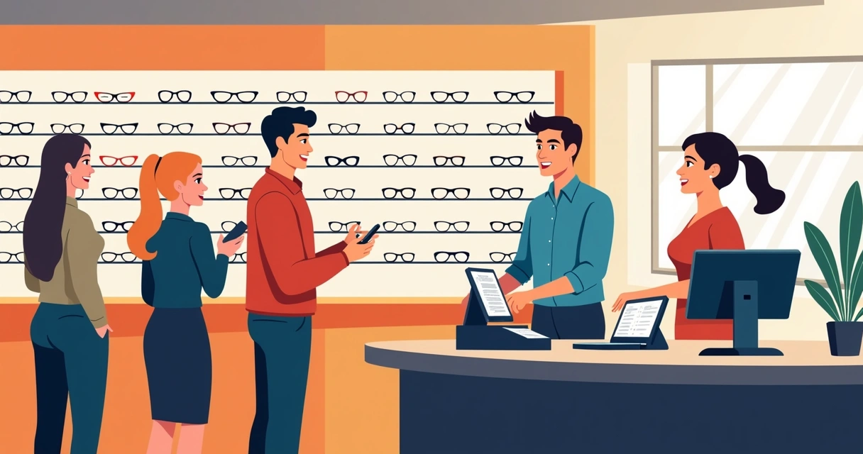 Equipe de vendas atendendo clientes em uma ótica