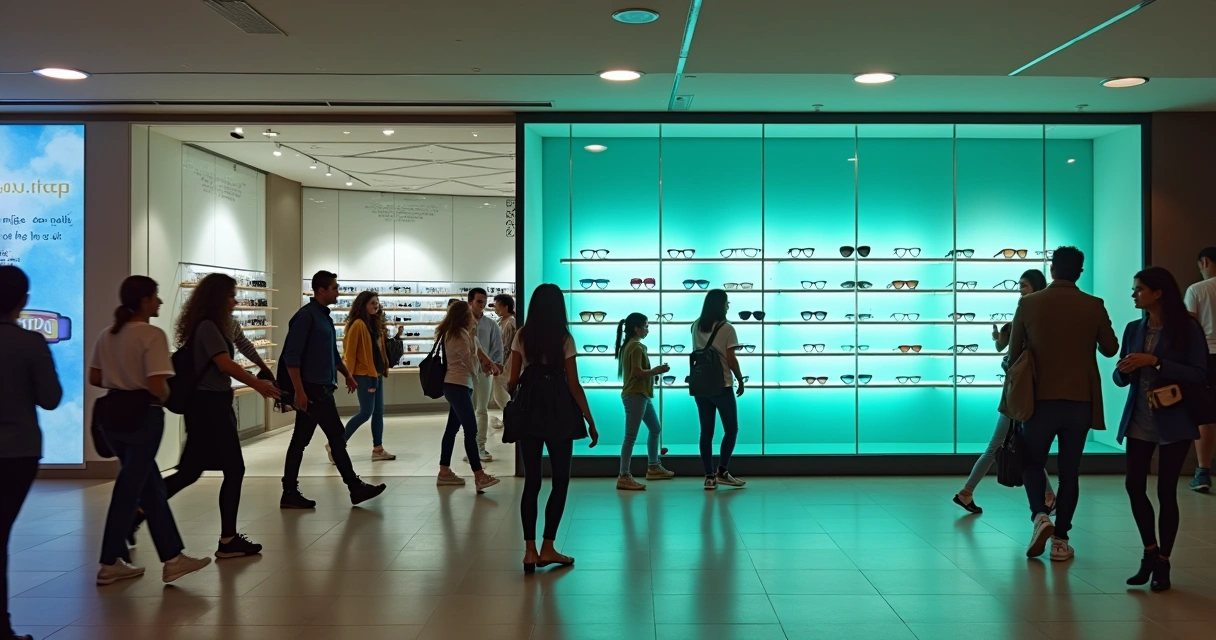 Vitrine de ótica em shopping com produtos modernos e clientes interessados em frente. Ambiente vibrante e acolhedor.
